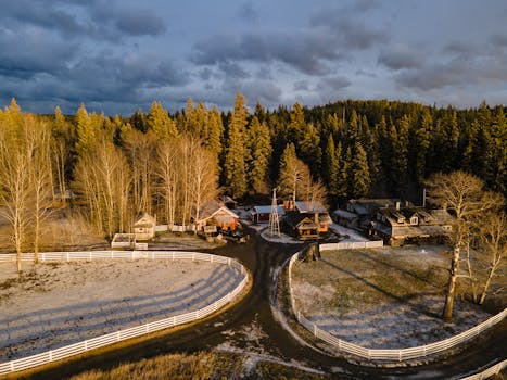 Aerial shot of a snow-covered village in Quilchena, BC, surrounded by forests in winter light.