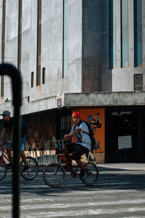 Free Young cyclists riding bicycles across a city street with a large building in the background. Stock Photo