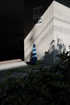 A sunlight-drenched city corner with a blue traffic cone and shadows creating a dramatic urban scene.