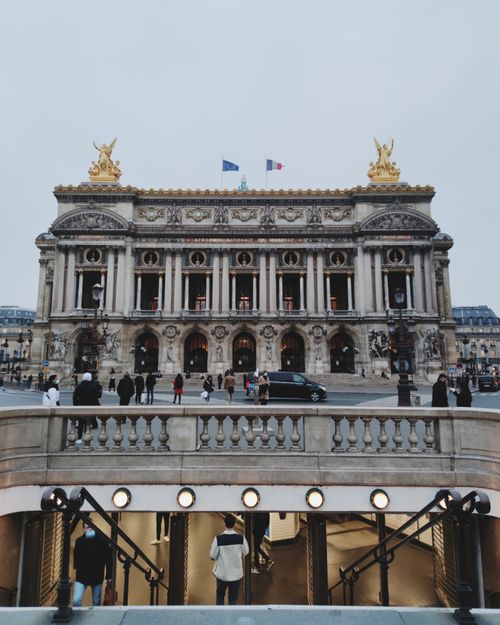 Free Iconic Palais Garnier facade with vibrant Paris street scene and classic architecture. Stock Photo