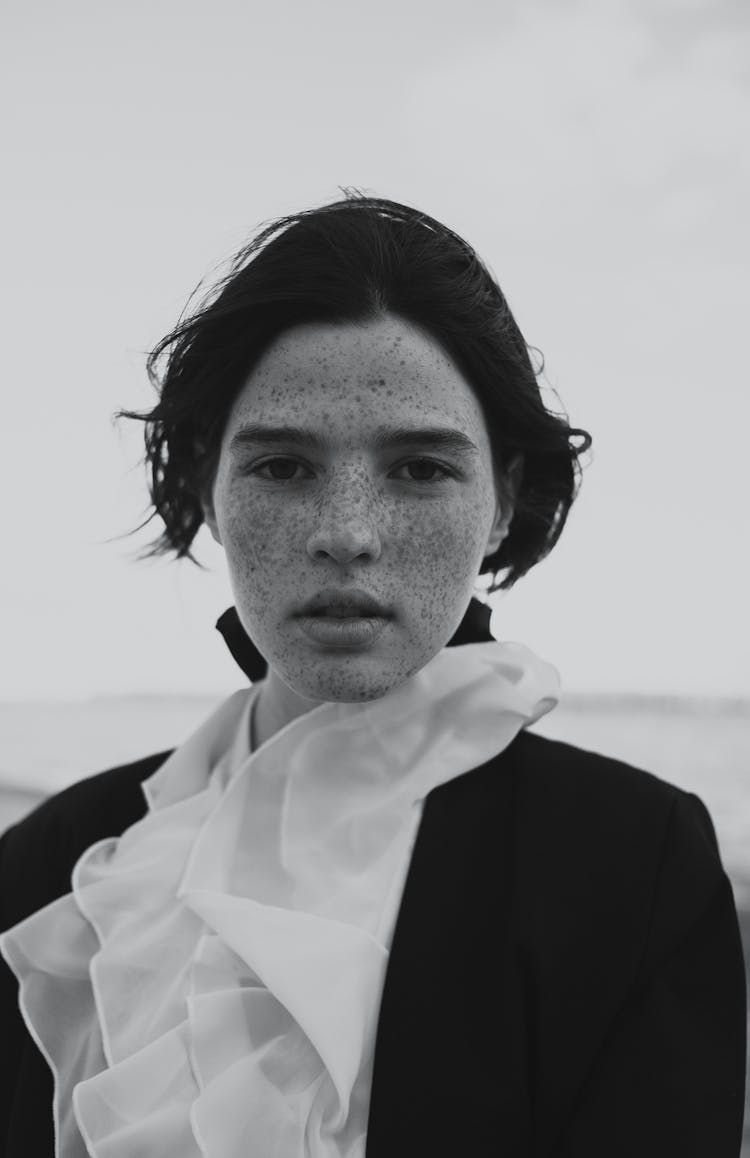 Portrait Of Girl With Freckles In Black And White