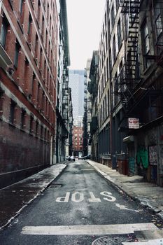 Alleyway in downtown New York City featuring tall buildings and fire escapes.