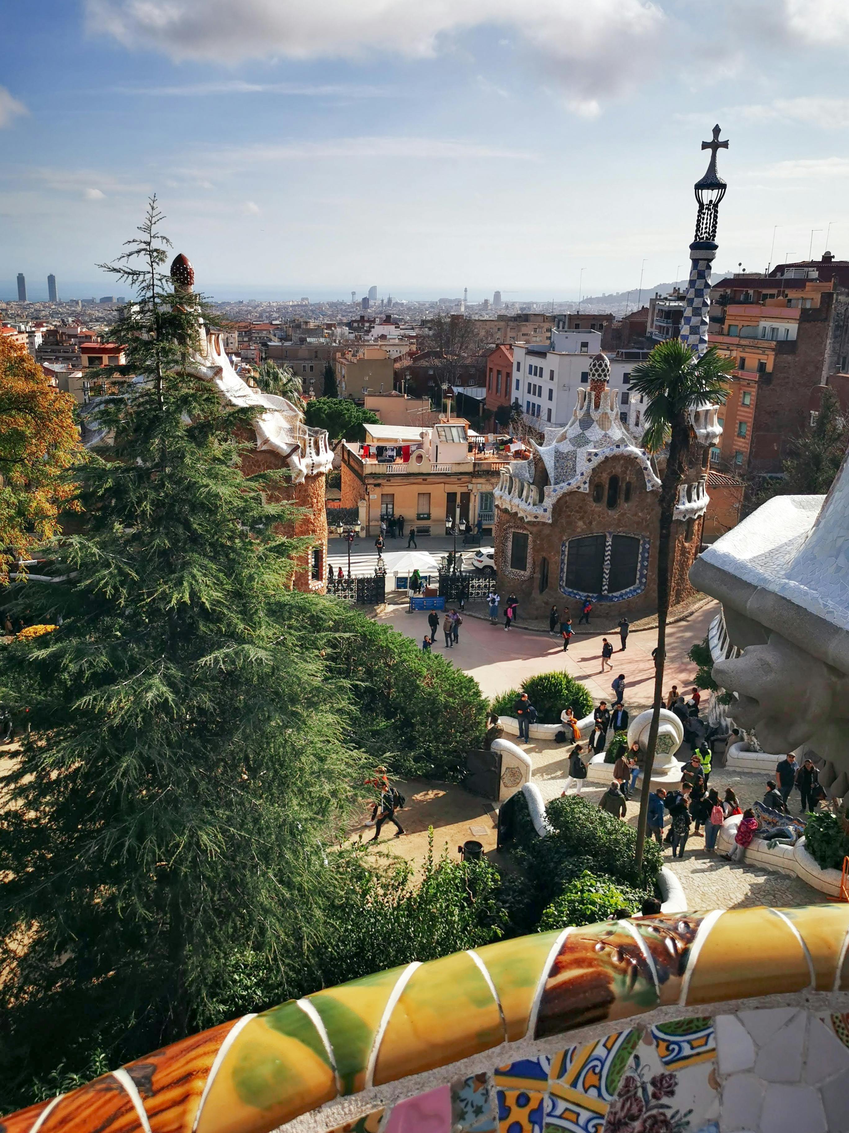 buildings by the entrance to the park guell barcelona spain