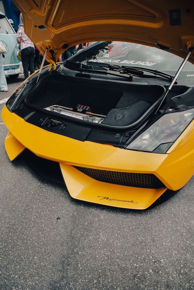 Open Bonnet Of Yellow Lamborghini Car