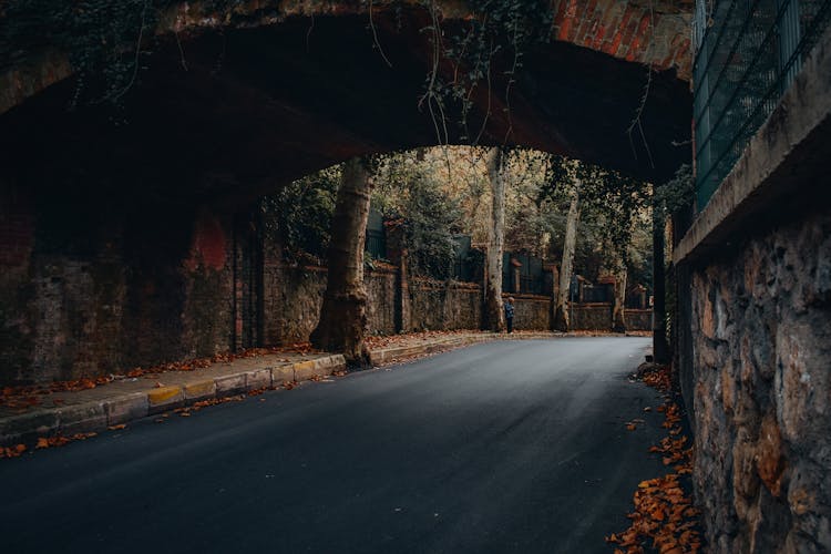 Gray Asphalt Road Between Brown Walls