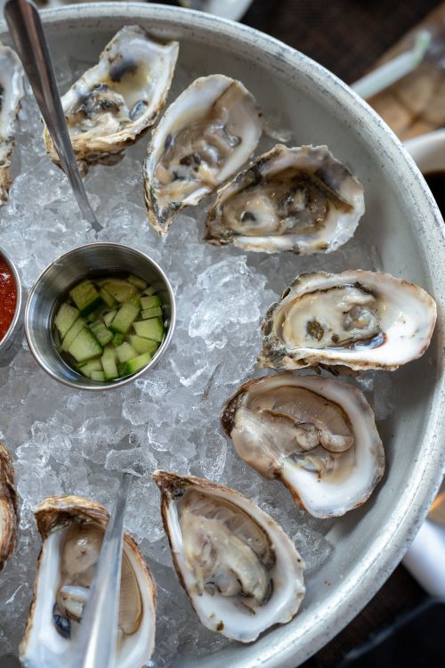 Free Top view of fresh oysters served on crushed ice with condiments in a stainless bowl. Stock Photo