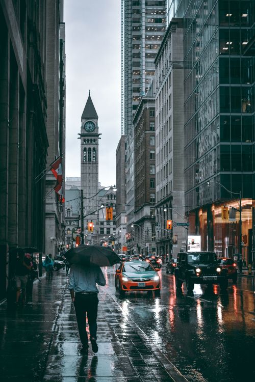 Free Urban scene in Toronto's downtown with people and vehicles on a rainy day. Stock Photo