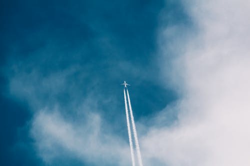 Free Airplane Flying in the Cloudy Blue Sky Stock Photo