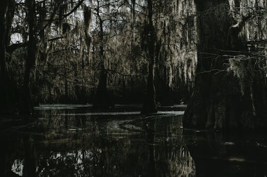 A mysterious swamp scene with cypress trees and Spanish moss creating a dark and eerie atmosphere.