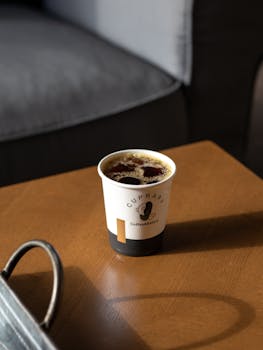 A steaming cup of black coffee on a wooden table in a cozy café in Saudi Arabia.