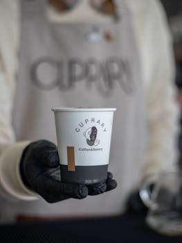 Close-up of barista holding a branded coffee cup at a cafe.