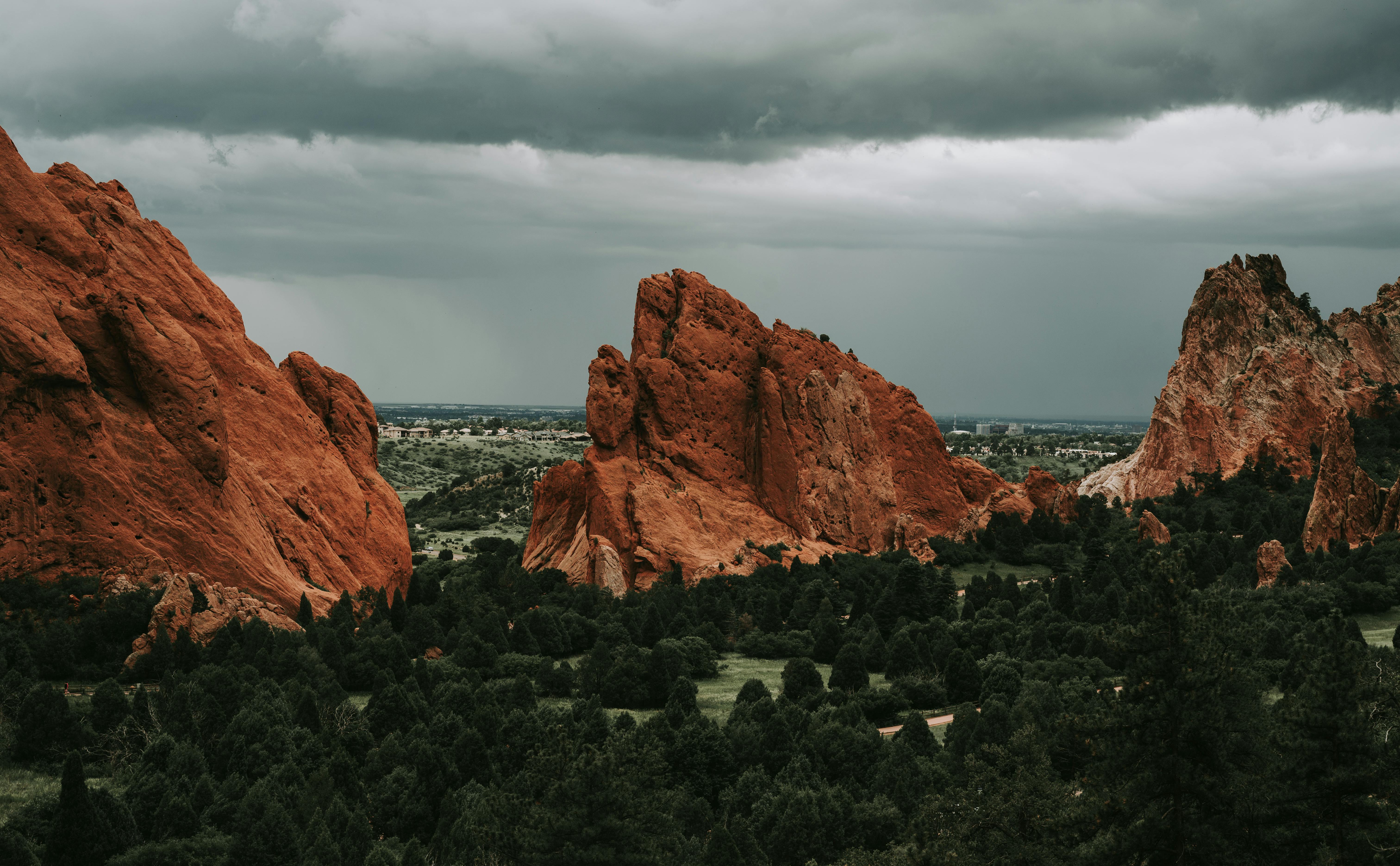 brown rock formation near green trees