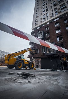Horizontal construction site featuring a yellow crane vehicle near a high-rise building in Kyiv, Ukraine.