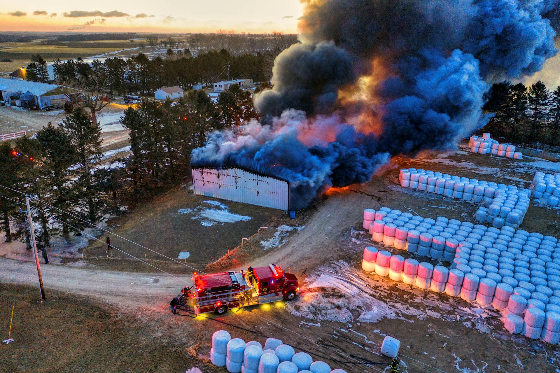 Aerial View of Fire and Firefighters on Farm