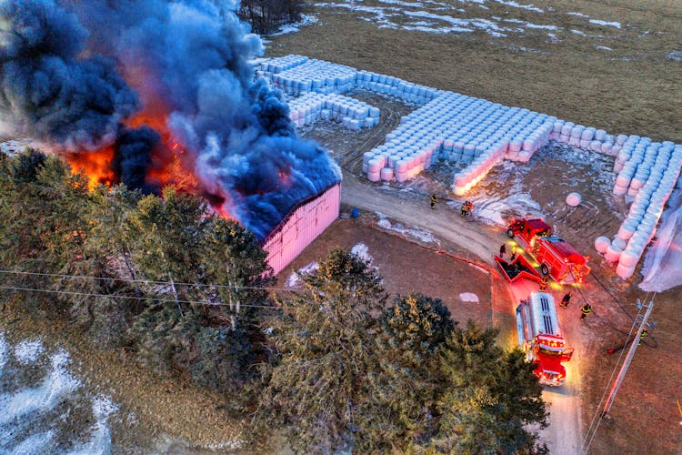 Drone Shot Of A Building On Fire