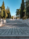 Gray Concrete Pathway Between Green Trees Under Blue Sky