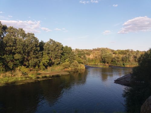 Free Peaceful river scene surrounded by lush greenery in Hrushivka, Mykolaiv Oblast, Ukraine. Stock Photo