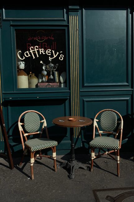 Charming Parisian café setting with classic bistro chairs and table.