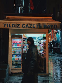 Blurred person walking past a lit newsstand in rainy Istanbul night scene.