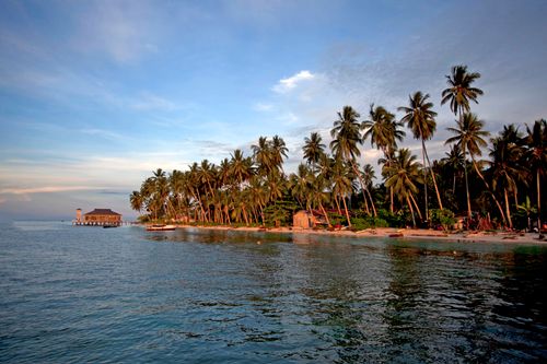 Free Beautiful tropical beach with palm trees and calm clear waters at sunset, perfect for relaxation and tranquility. Stock Photo