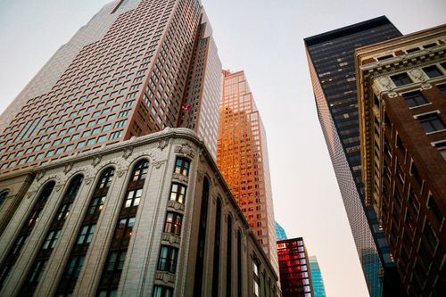 Free Low angle view of modern skyscrapers in downtown Calgary, highlighting architectural diversity. Stock Photo