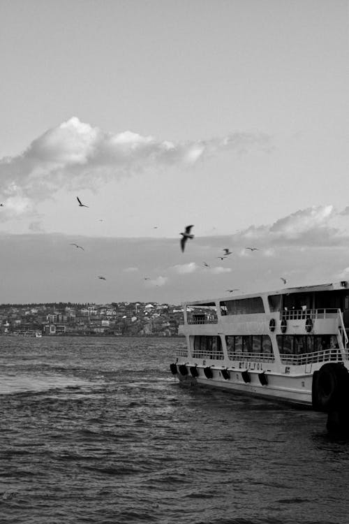 Black and White Photo of Ferry Sailing on River