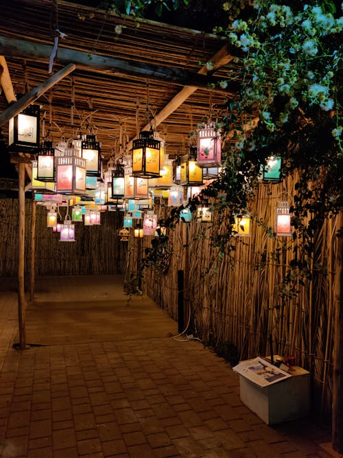 Colorful Lanterns Hanged under Front Porch Roof