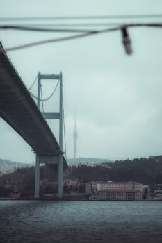 Captivating view of Bosphorus Bridge and skyline under a cloudy sky in Istanbul.