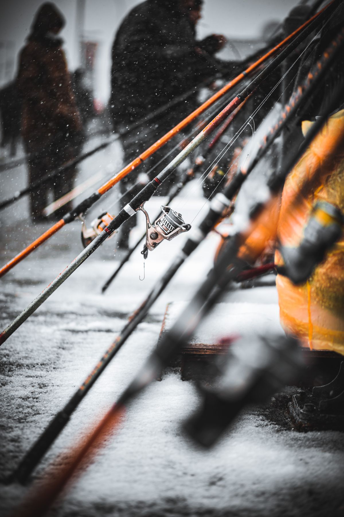 Fishing rods lined up outdoors in a snowy winter scene