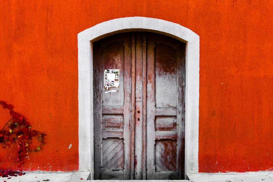 Close-up of a rustic wooden door set against a vibrant orange wall with vines.
