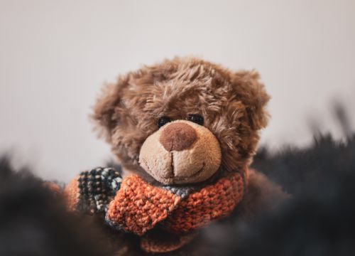 Free Adorable close-up of a plush teddy bear wearing a colorful scarf, perfect for cozy themed designs. Stock Photo
