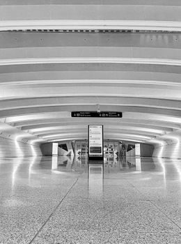 Captivating low-angle shot of a sleek, modern airport interior in black and white, showcasing architectural elegance.
