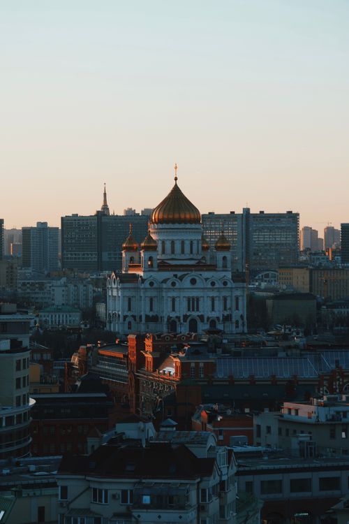 Free Breathtaking cityscape featuring the Cathedral of Christ the Savior at sunrise in Moscow. Stock Photo