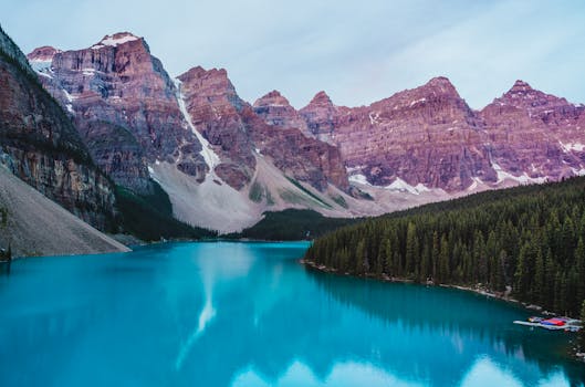 Spectacular view of Moraine Lake and Rocky Mountains in Banff, Canada. Perfect for nature lovers.