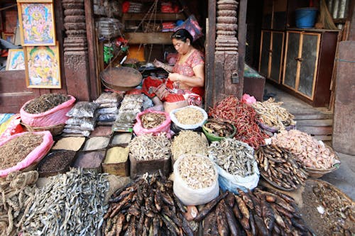 Woman Selling Variety of Dried Fishes 