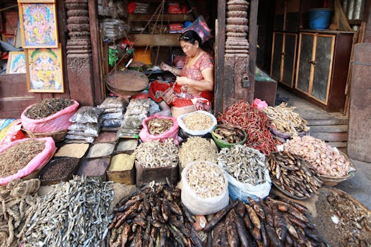 A woman sits at a market stall selling diverse dried foods in a vibrant setting.