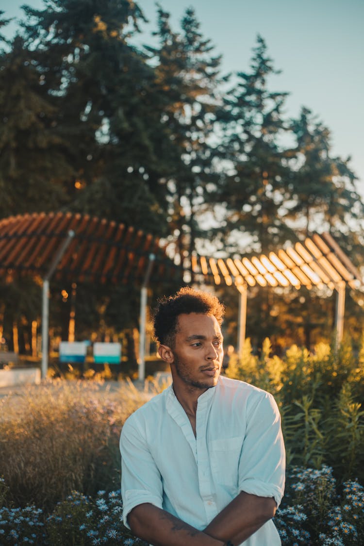 Young Man In White Shirt Sitting In Park At Sunset