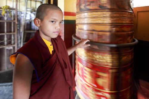 Free A young monk in maroon robes turning a traditional Tibetan prayer wheel inside a monastery. Stock Photo