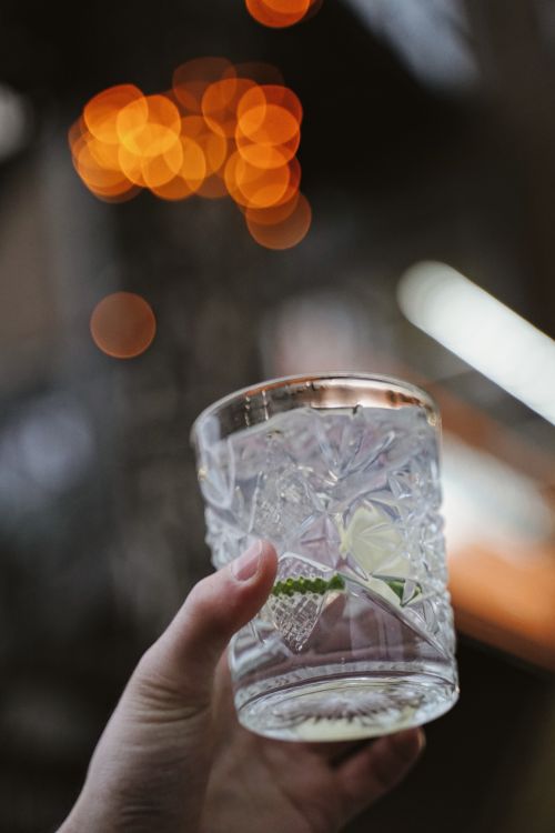 Free A close-up of a hand holding a decorative glass with ice and lime, featuring bokeh lights. Stock Photo