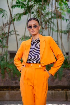 Stylish woman in an orange outfit posing outdoors against a palm backdrop.