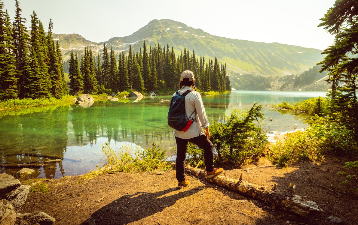 A Woman Carrying a Backpack Looking at a Lake · Free Stock Photo