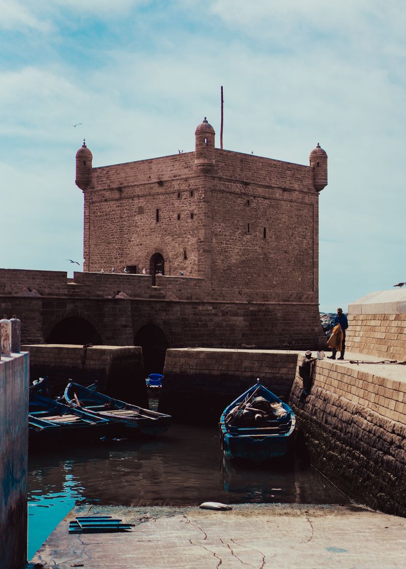 Essaouira harbor with fishing boats and seagulls