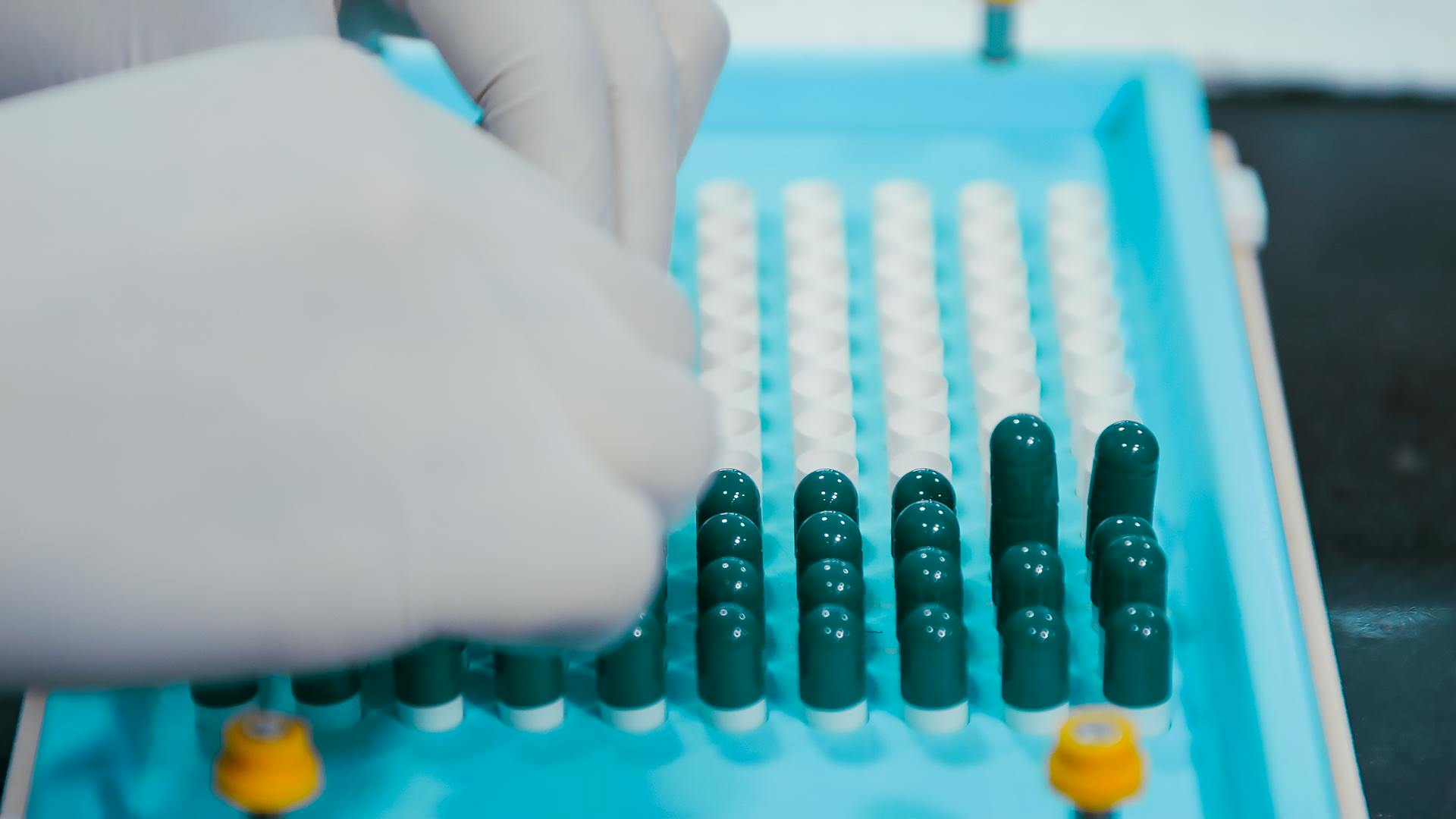 Close-up view of gloved hands arranging capsules on a sterile tray, indicative of pharmaceutical practices.