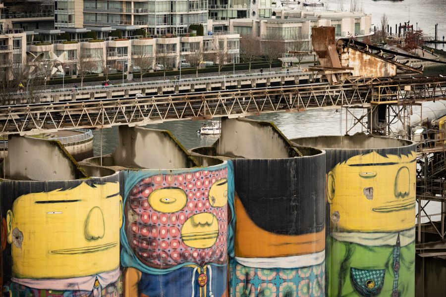 Colorful street art on silos at Granville Island