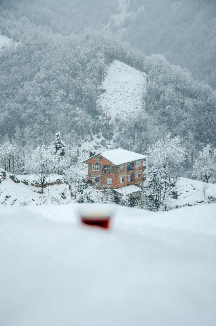 House Cabin Beside A Snow Coverd Mountain 