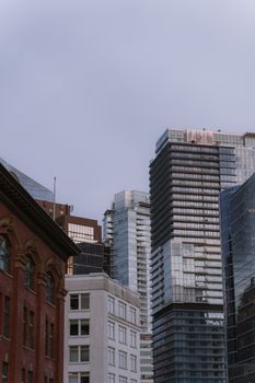 Skyscrapers in Vancouver showcasing modern urban architecture against a clear sky.