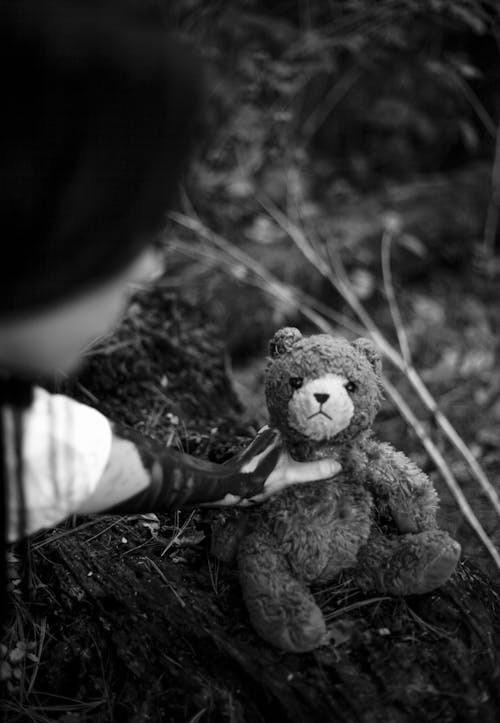 Grayscale Photo of Person Holding Teddy Bear