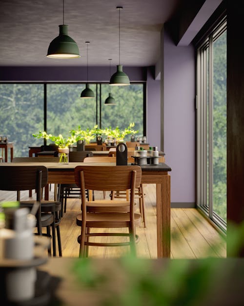 Modern Dining Room Interior with Glass Doors