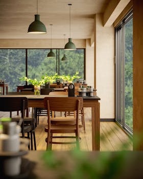 Spacious dining area with wooden tables, chairs, and large glass windows showcasing greenery.