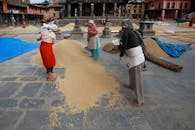 People doing Manual straining of Grains